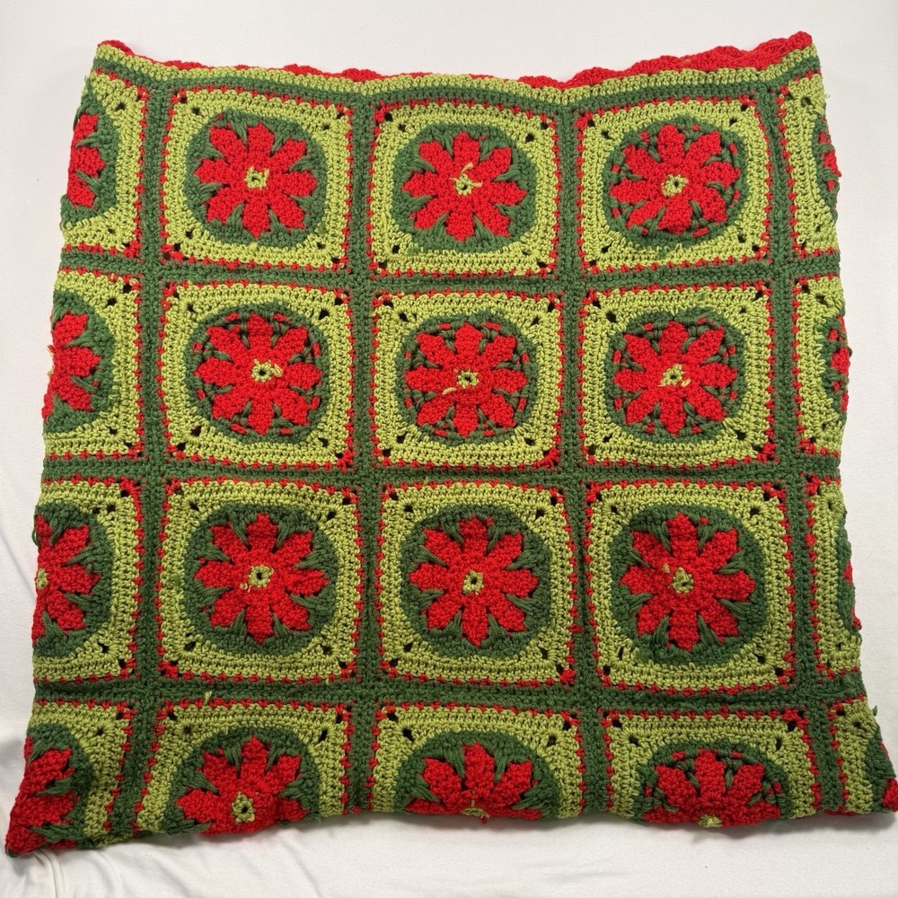 Vtg Crocheted Christmas Holiday Red Green Granny Square Throw Blanket 44x60"